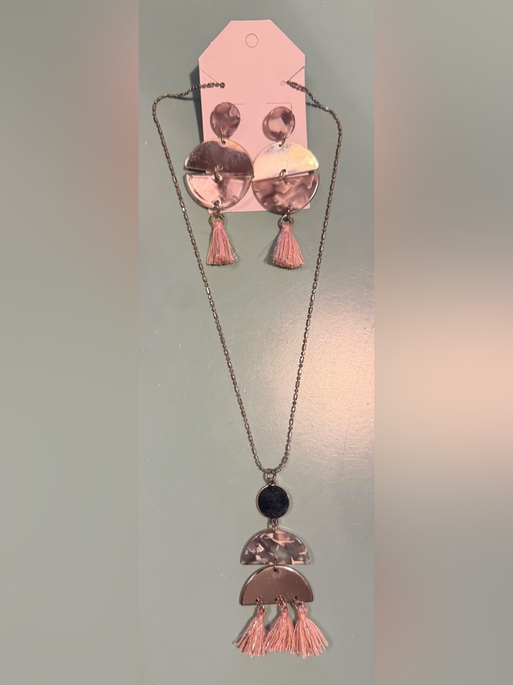 Blush Pink, Gray, & Silver Tassel Pendant Necklace & Matching Earrings